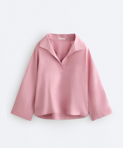 Oysho Рубашка-поло оверсайз с длинными рукавами из 100%-го льна, светло-розовый
