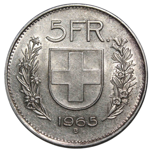 5 франков. Швейцария. 1965 год. Серебро. XF-AU
