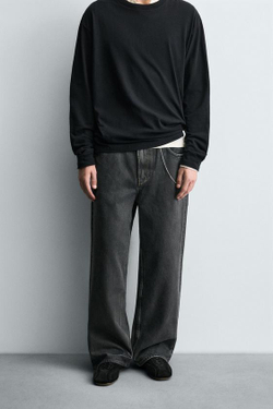 ZARA ДЖИНСЫ BAGGY FIT С ЭФФЕКТОМ ВОЩЕНИЯ, УГОЛЬНЫЙ