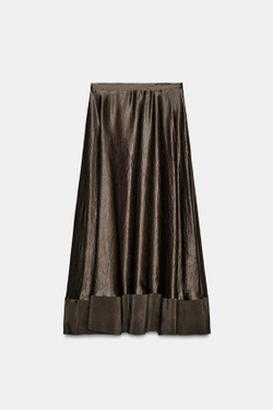 ZARA АТЛАСНАЯ ЮБКА МИДИ ZW COLLECTION LIMITED EDITION, КОРИЧНЕВЫЙ