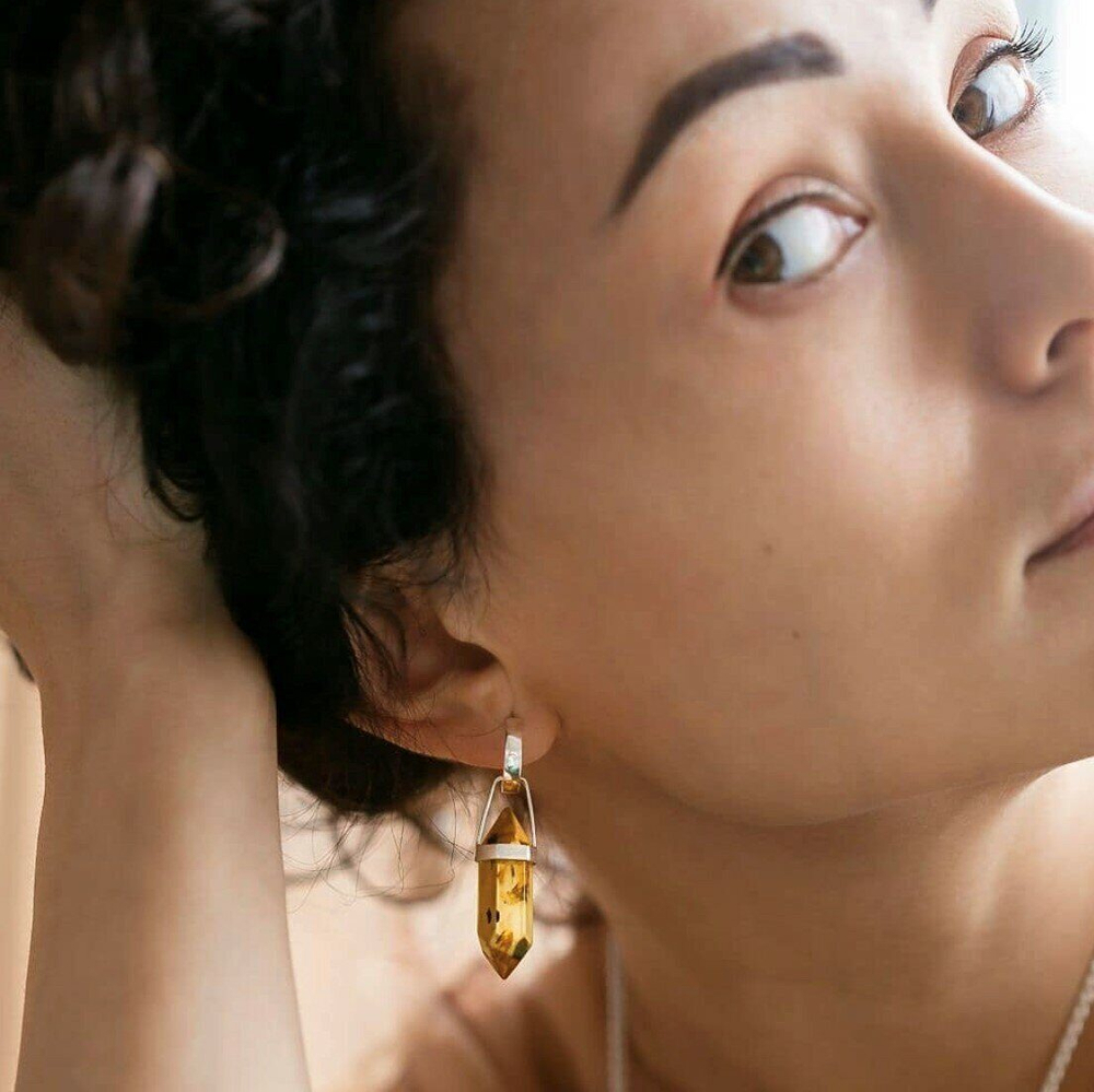 Серьги трансформеры "Кристаллы" темные, серебро 925, натуральный янтарь.