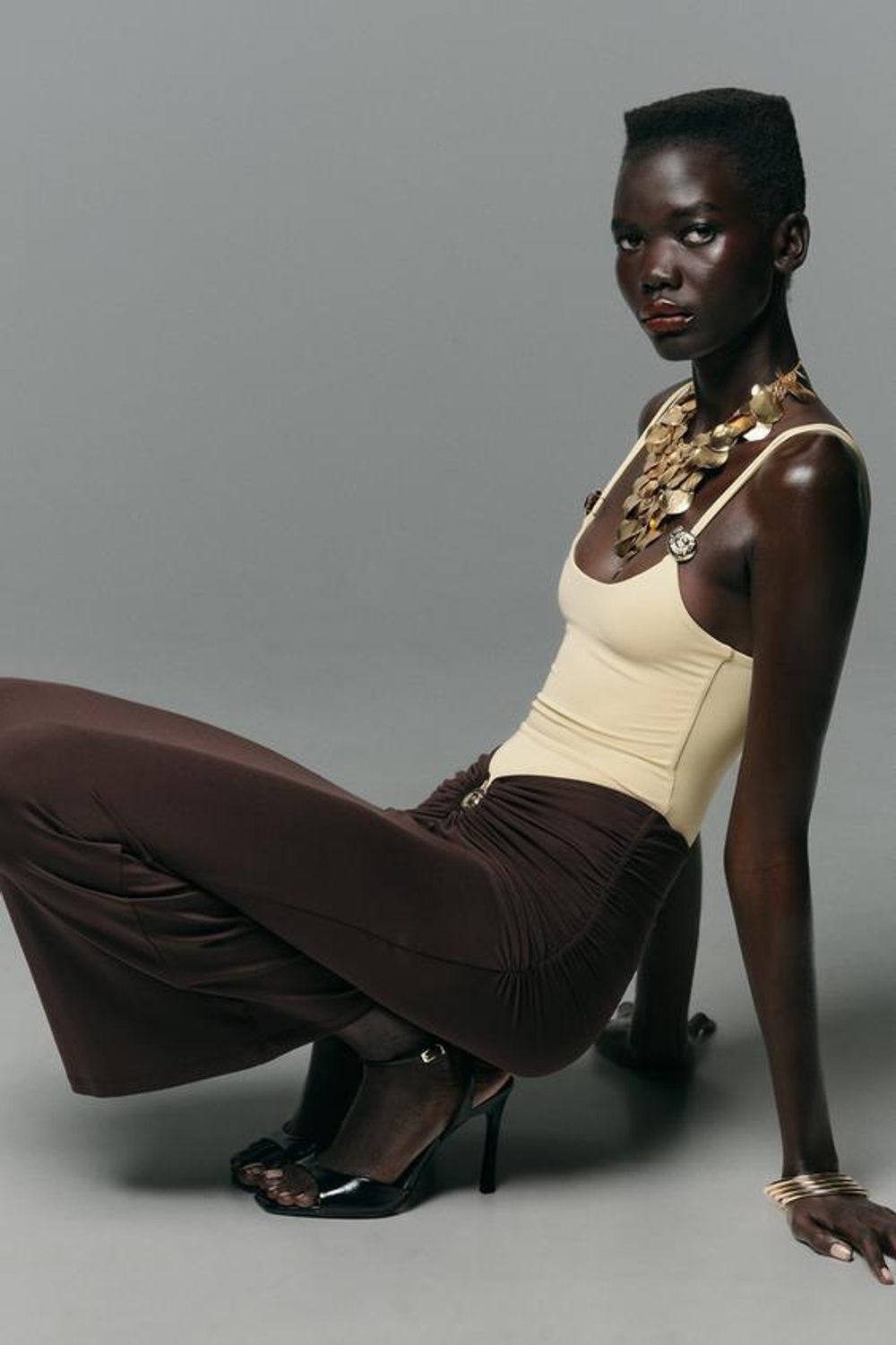 ZARA ЮБКА ИЗ ПОЛИАМИДА С РАКУШКОЙ, ТЕМНО-КОРИЧНЕВЫЙ