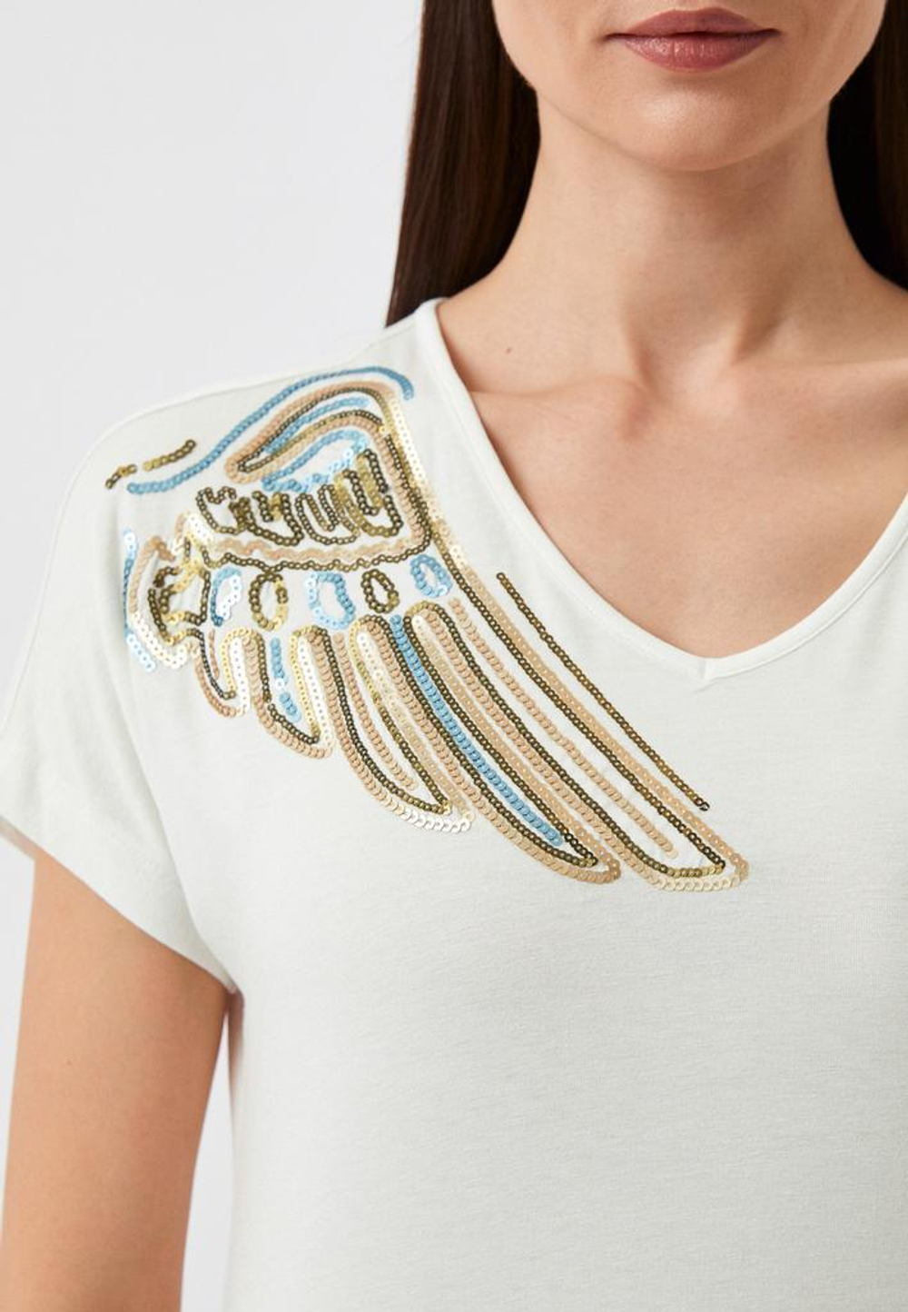 Футболка жен. AERONAUTICA 2110 беж.плече паетки вырез V