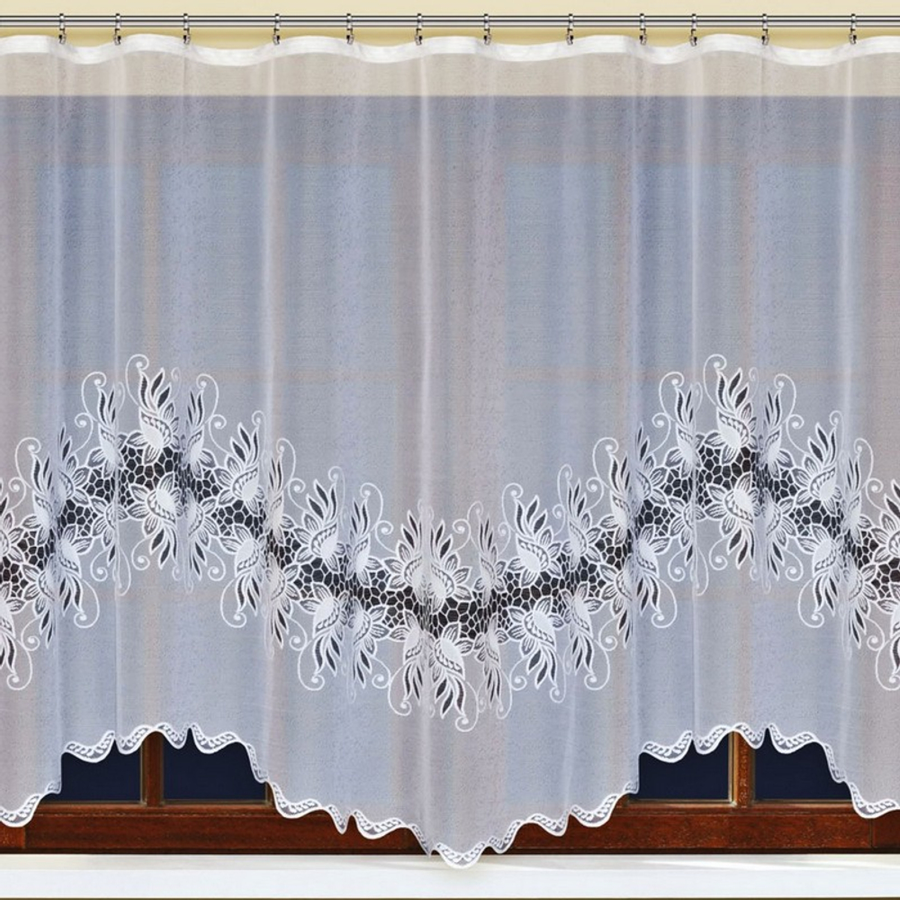 Занавеска "Ф. ЛЮКС" на шторной ленте, с эффектом аппликации, белоснежная, фактурная структура плетения, Польша.