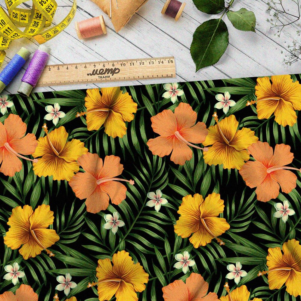 Ткань таффета крупные жёлтые цветы и яркий папоротник