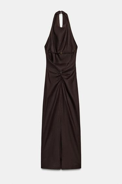 ZARA ПЛАТЬЕ МИДИ С ГОРЛОВИНОЙ ХАЛТЕР ИЗ ЛЬНА, ТЕМНО-КОРИЧНЕВЫЙ