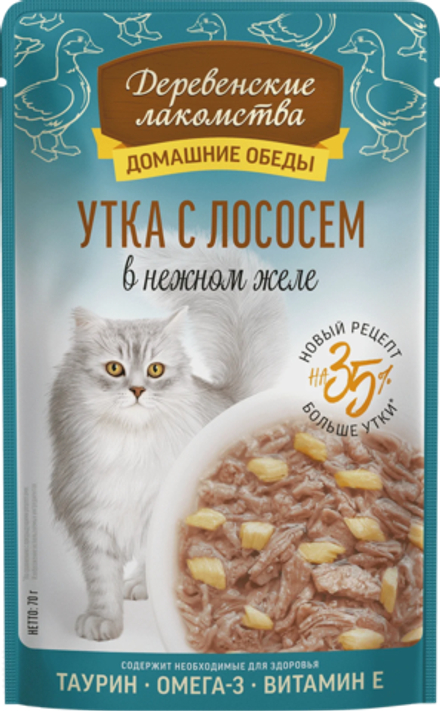 ДЕРЕВЕНСКИЕ ЛАКОМСТВА Пауч для кошек с уткой и лососем в нежном желе 0,07 кг