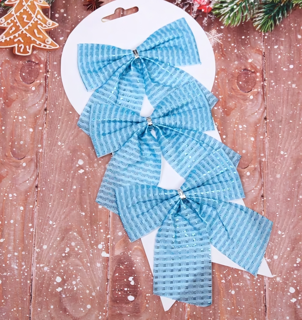 Бант на ёлку "Волшебство" 11*12см. (набор 3 шт.) Голубой (Серпантин)