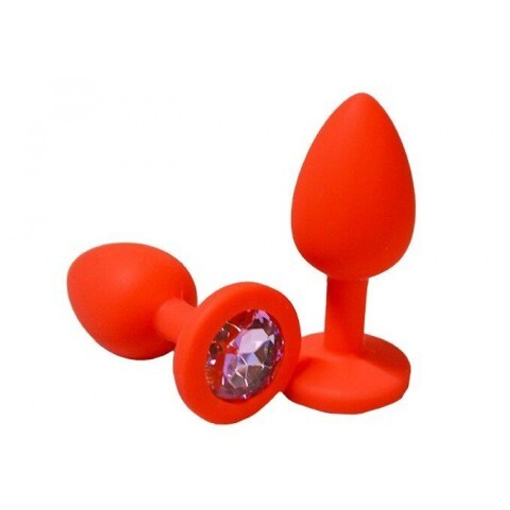 Анальная пробка из красного силикона со светло-розовым кристаллом (размер S)