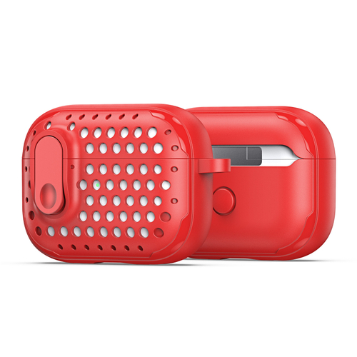 Усиленный чехол красного цвета от Dux Ducis для наушников Airpods Pro 2, серия PECM Series Case, в комплекте с карабином