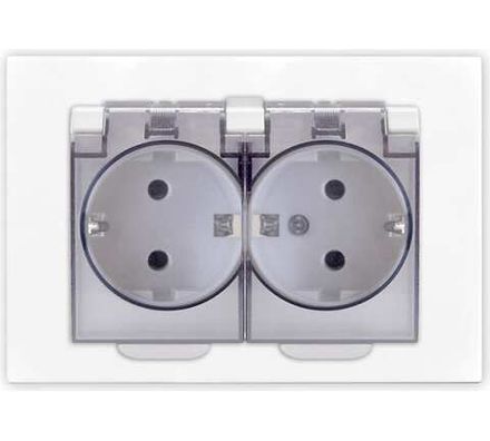 Розетка двухместная "UNIVersal" серия "Афина" с/з с прозрачной крышкой, с/у, 16А, 220В, белая (еврос