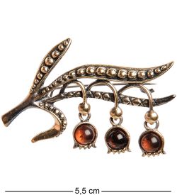 AM-2345 Брошь «Веточка ландыша» (латунь, янтарь)