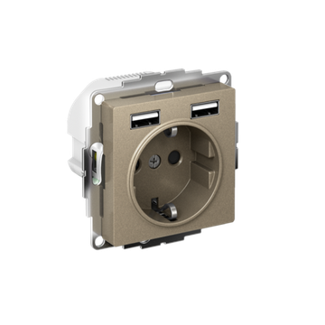 Розетка 1-м СП AtlasDesign 16А IP20 с 2-мя заряд. устройствами USB тип A+A 5В/2.4А 2х5В/1.2А механизм шампань SE ATN000530