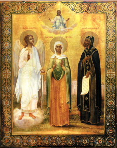 Наталия Никомидийская святая мученица с Ангелом Хранителем и святым Прокопием Декаполитом. Деревянная икона на левкасе