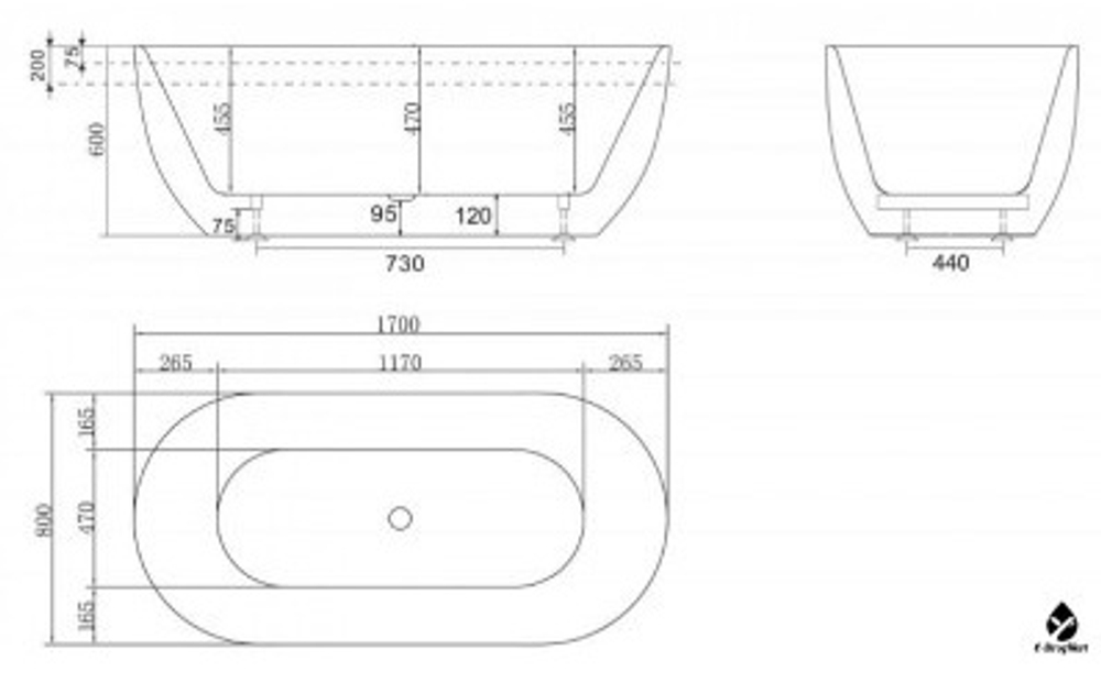 ВАННА АКРИЛОВАЯ ОТДЕЛЬНОСТОЯЩАЯ 1700*800 BELBAGNO BB70