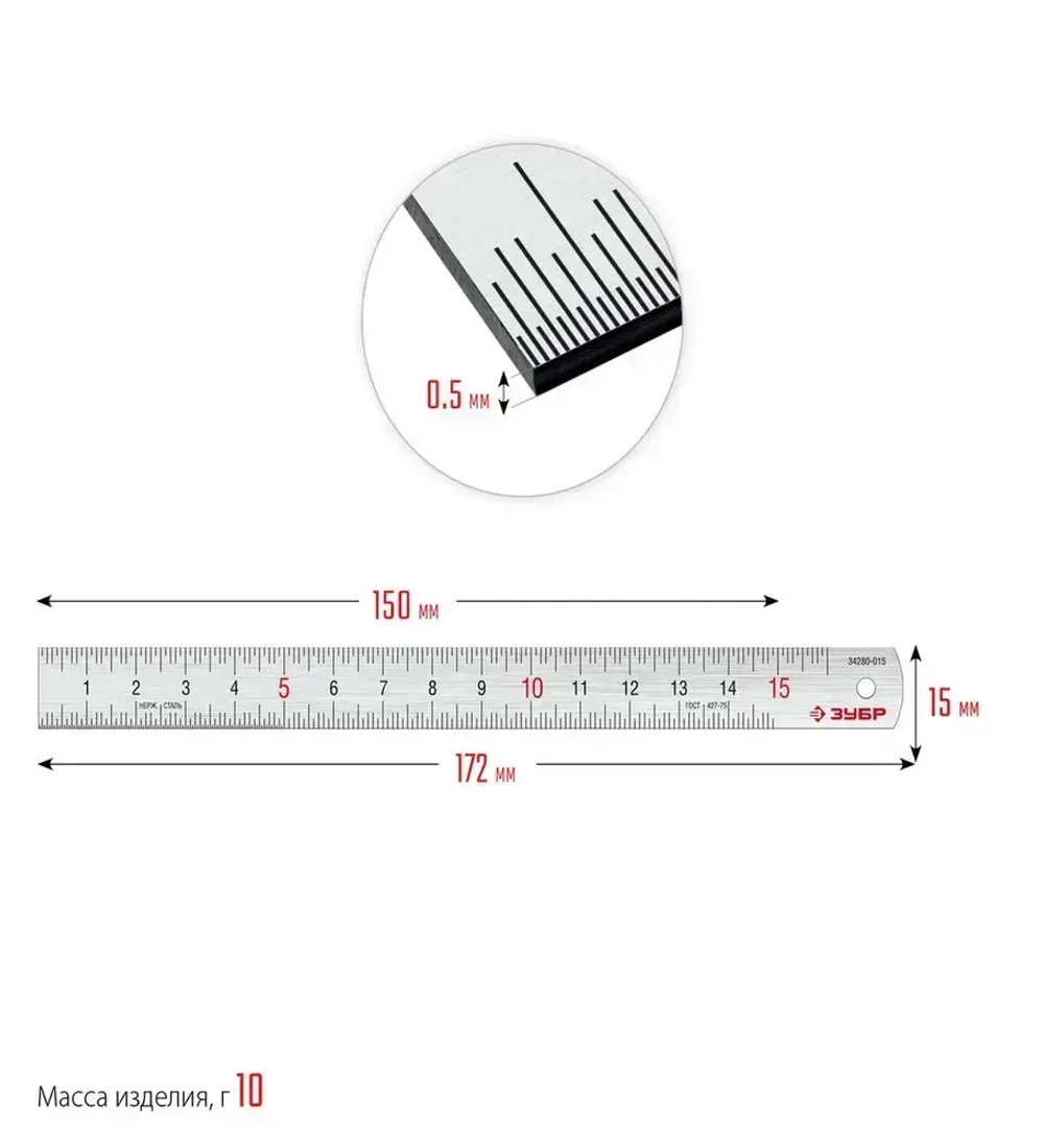ЗУБР / 15см, усиленная нержавеющая линейка