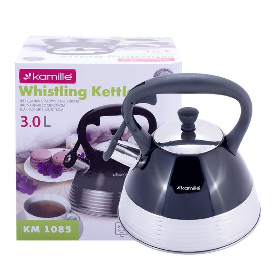 Чайник 3 л. из нержавеющей стали со свистком Kamille KM-1085 (черный)