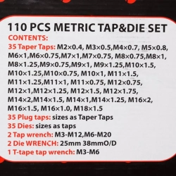 Набор метчик.и плашек110пр(2х0.4,3х0.5,4х0.7,5х0.8,6х0.75-1,8х0.75-1,25,9х0.75-1.25,10х0.75-1.5,11х0.75/1/1.25/1.5, 12х0.75-1.75,14х1-2,16х1-2,18х1.5) Forsage F-B110-1