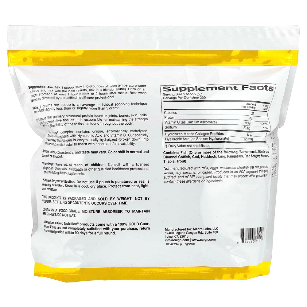 California Gold Nutrition, CollagenUP®, гидролизованные пептиды морского коллагена с гиалуроновой кислотой и витамином C, с нейтральным вкусом, 1 кг (2,2 фунта)