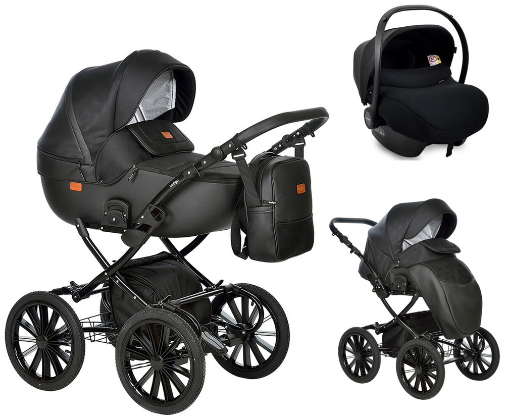 Детская коляска Indigo Porto Classic 14 3 в 1 с автокреслом Avionaut Cosmo Po 08 черная кожа+черный узор