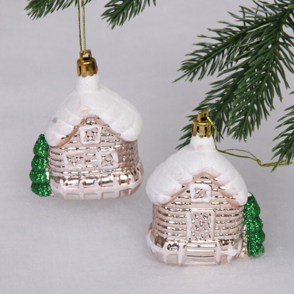 Елочные игрушки «Домик в лесу» 7 см (набор 2 шт), Шампань