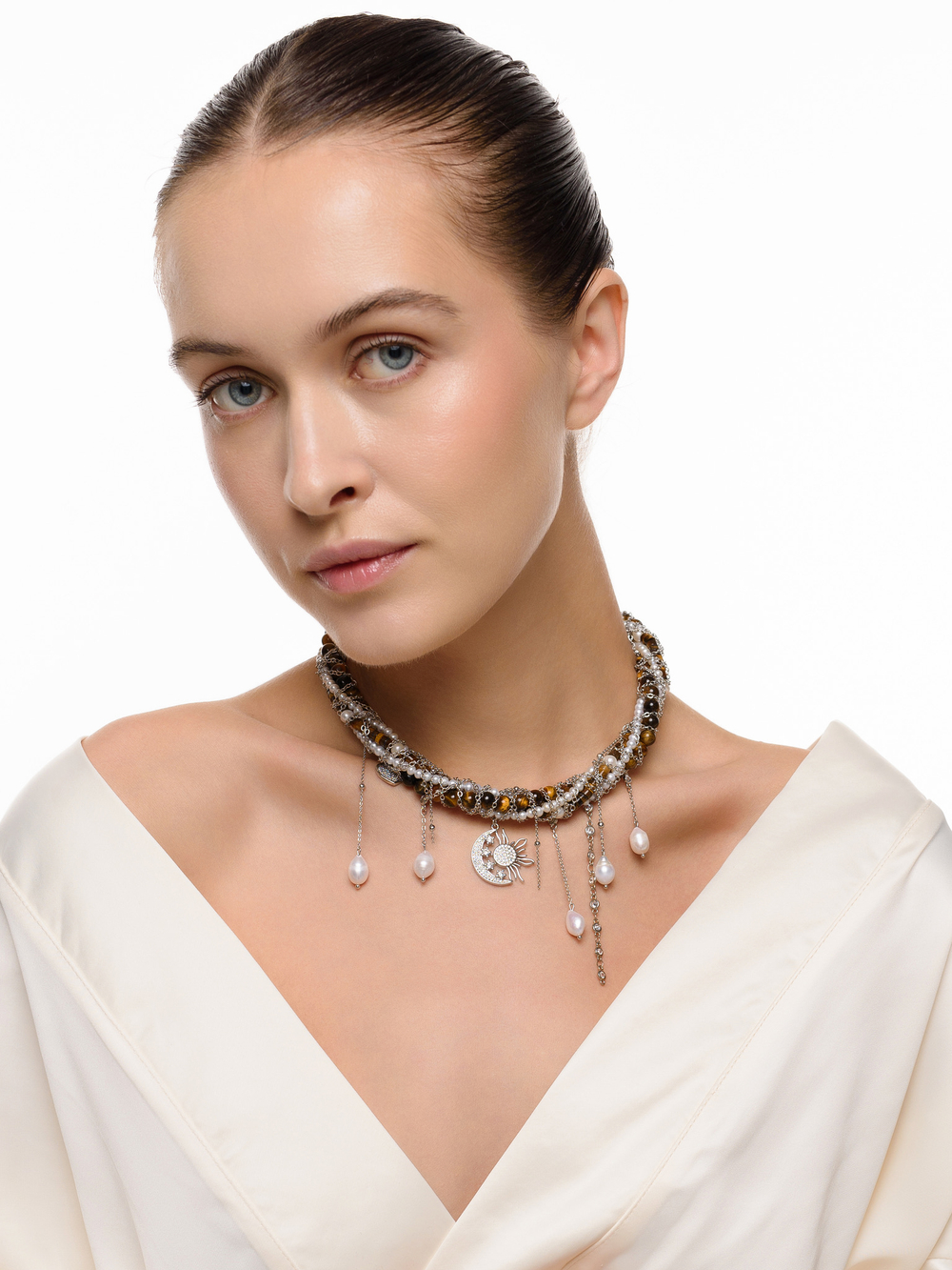 Колье "Sun And Moon" из тигрового глаза Silver