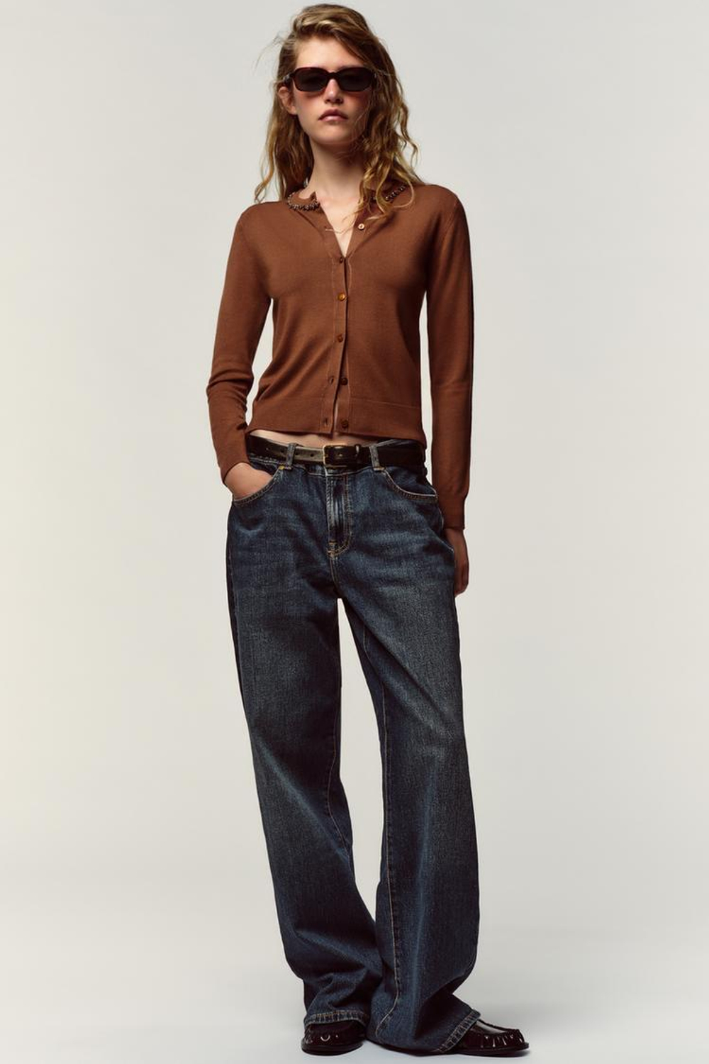 ZARА КАРДИГАН С КОНТРАСТНЫМИ ДЕТАЛЯМИ, КОРИЧНЕВЫЙ