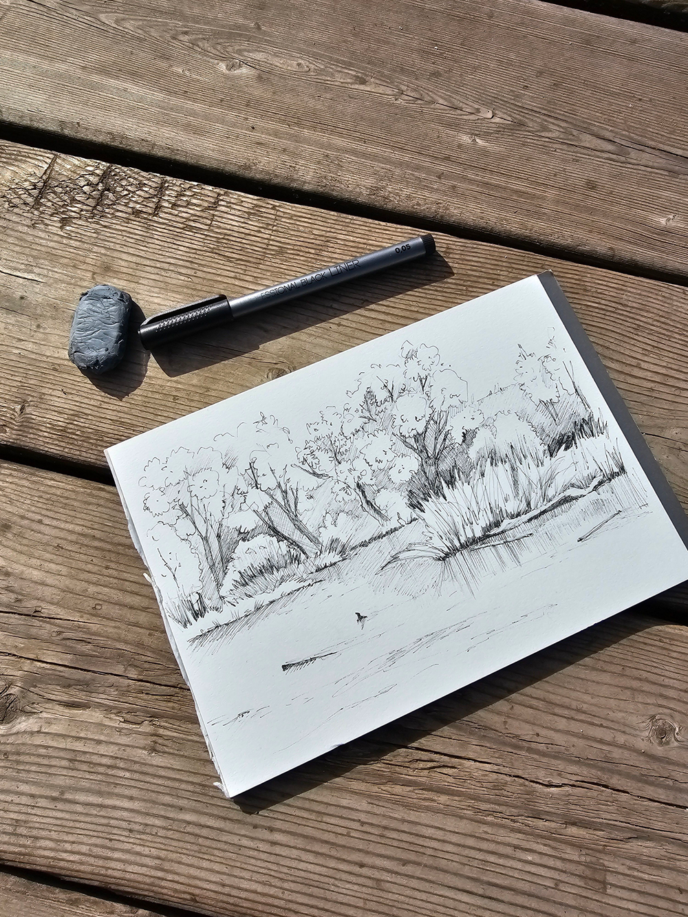 Картина, графика в паспарту 21х30 см на стену для интерьера "Берег реки Осетр"