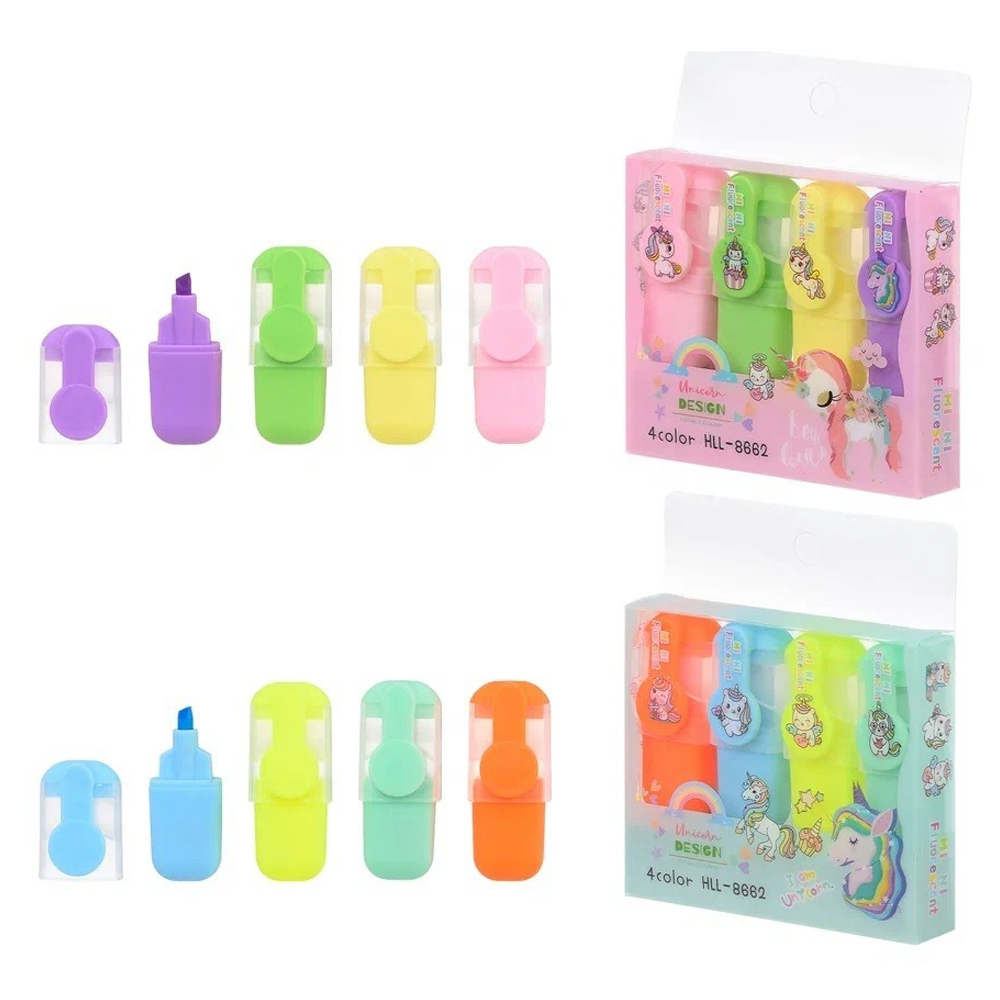 Маркер текстовыделитель Basir, серия "Единорожки", 10 см, цветная упаковка, разноцветные, набор 4 шт, ассорти