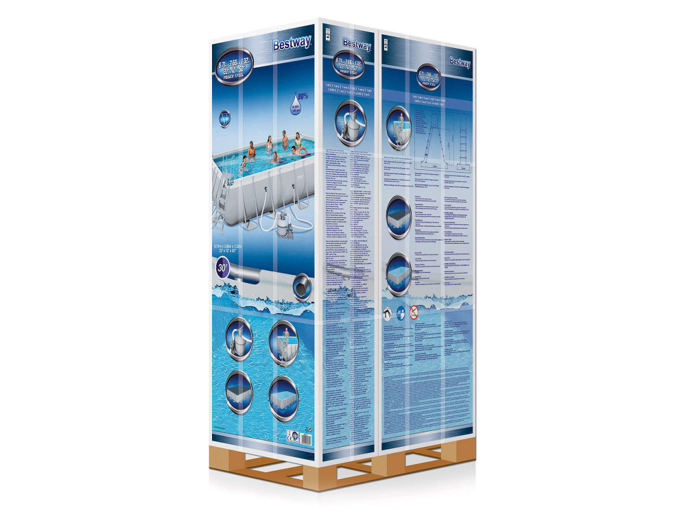 Каркасный прямоугольный бассейн Bestway 671х366х132 см + песочный ф/насос 5678 л/ч, тент, лестница, настил (56471/56278 BW)