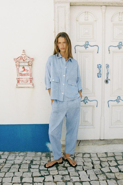 ZARA БРЮКИ-ДЖОГГЕРЫ ИЗ ЛЬНА, ГОЛУБОЙ