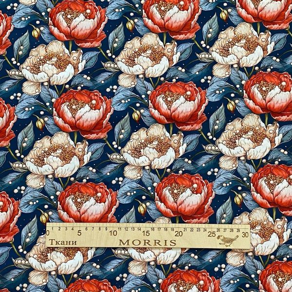 КРАСНЫЕ РОЗЫ  И ЖЕМЧУГ  НА ГЛУБОКОМ СИНЕМ ФОНЕ 100% хлопок, Handmade Fabrics 2