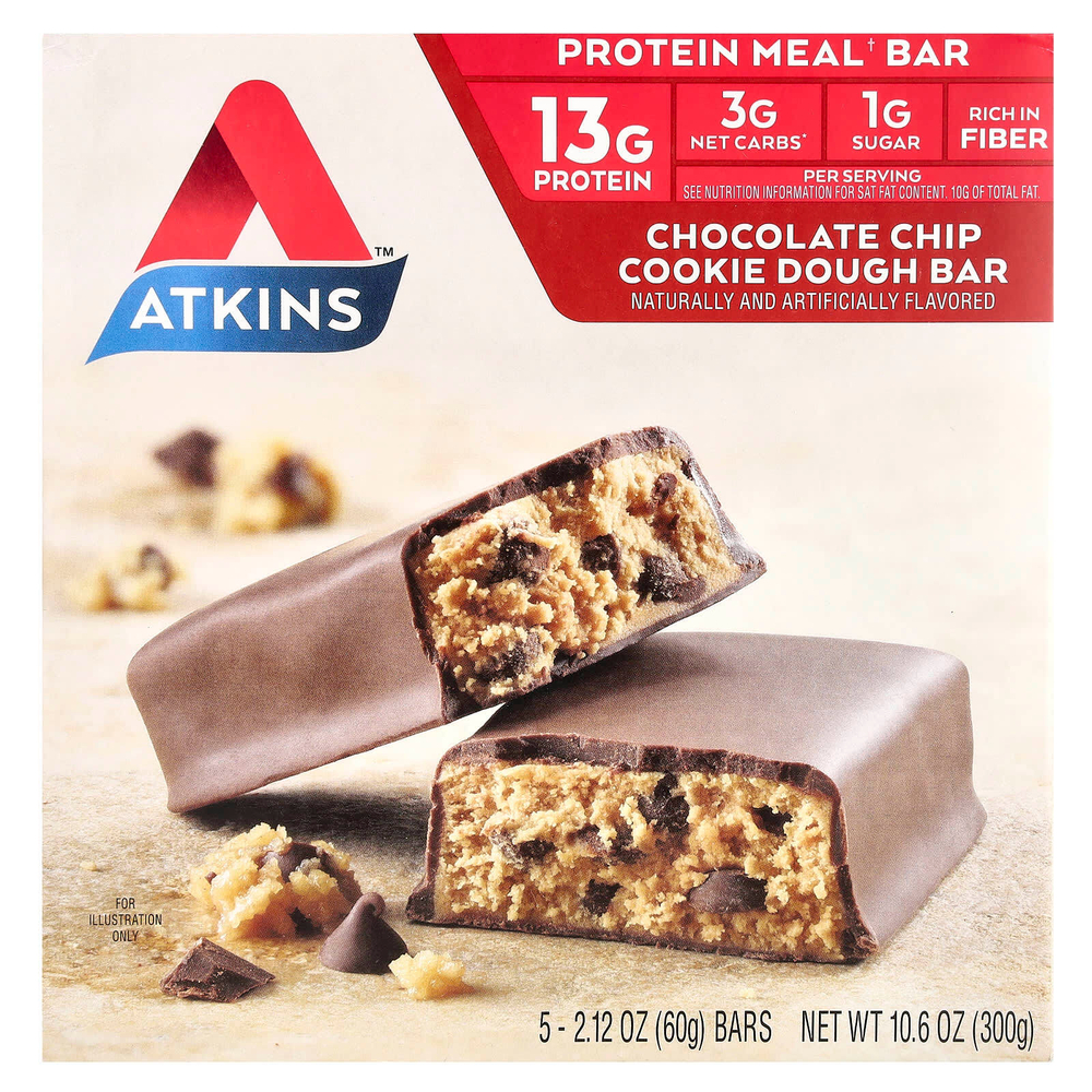 Atkins, протеиновый батончик для перекуса, со вкусом печенья с шоколадной крошкой, 5 штук по 60 г (2,12 унции)