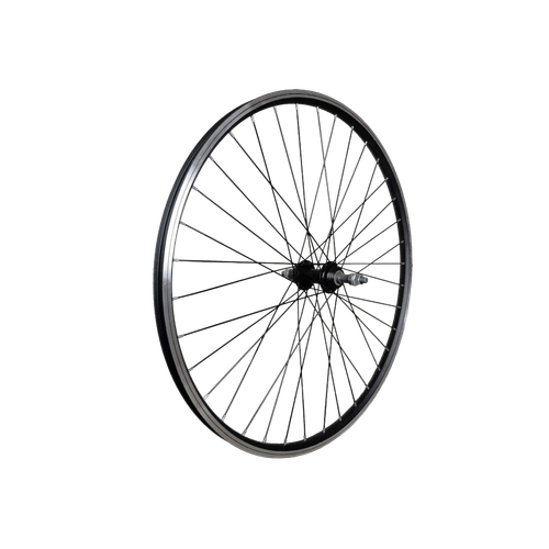 Колесо 26" заднее, алюминиевый двойной обод, алюм. втулка, черное, 32Н Disk, под трещ.6-8ск., ПП+эксцентрик