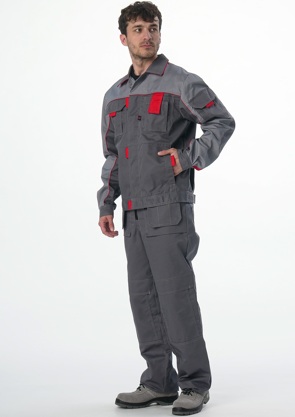 Костюм Драга-1 (тк.Смесовая,240) брюки, т.серый/св.серый/красный