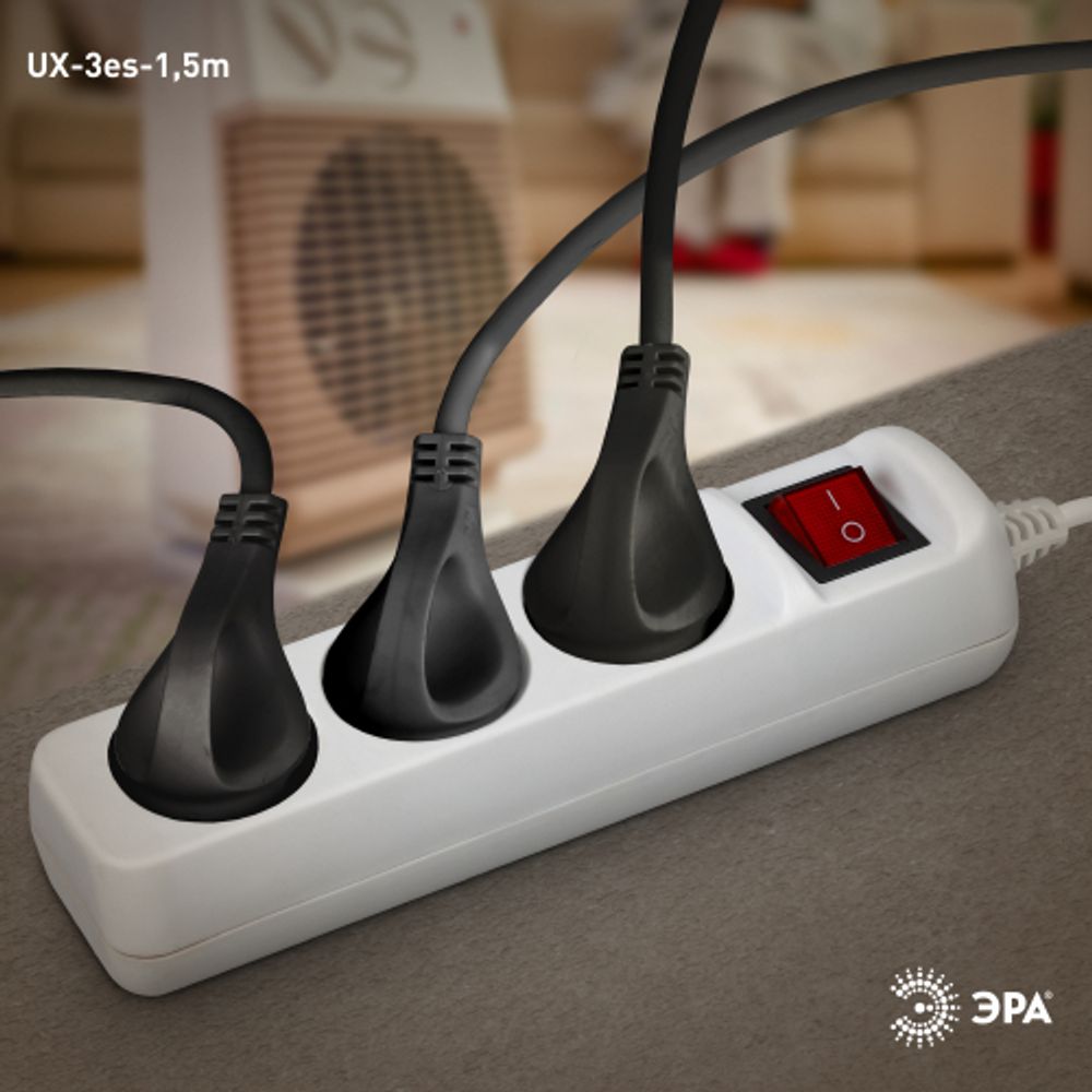 Удлинитель электрический ЭРА UX-3es-1,5m с заземлением с выключателем 3 розетки 1,5 м ПВС 3x0,75мм2 10А