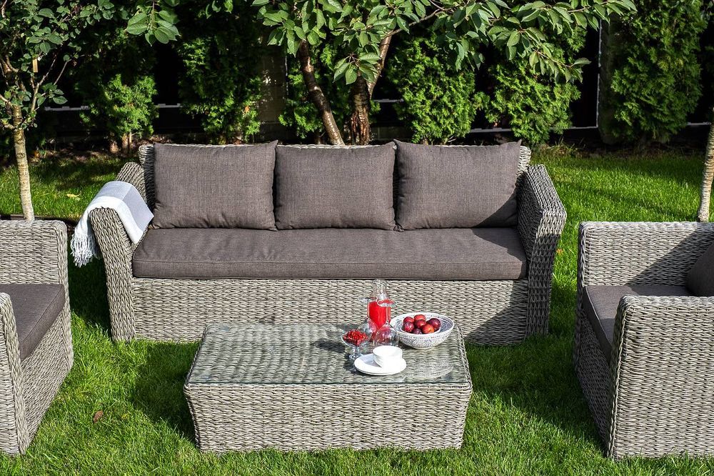 "Капучино" диван из искусственного ротанга (гиацинт) трехместный с подушками, цвет серый
