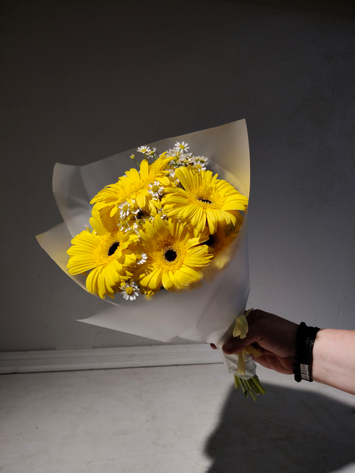 Солнечный букет-кулек с гермини и матрикарией (С0060)