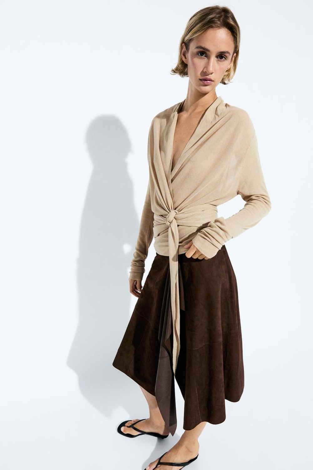 Massimo Dutti Замшевая кожаная юбка миди с оборками, коричневый