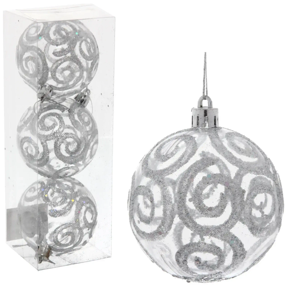 Новогодние шары 7см (набор 3шт) «Зимние узоры», серебро