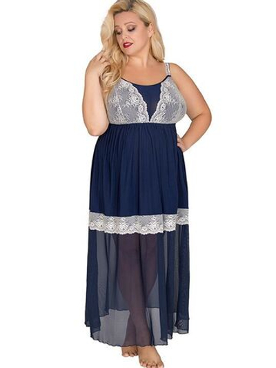 Длинная сорочка plus size с кружевом и вуалью (Размер: 6X) (Цвет: черный)