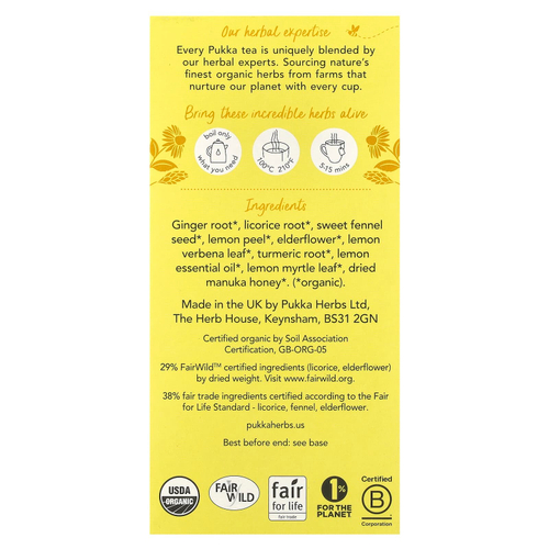 Pukka Herbs, органический травяной чай, лимон, имбирь и мед манука, без кофеина, 20 пакетиков, 40 г (1,41 унции)