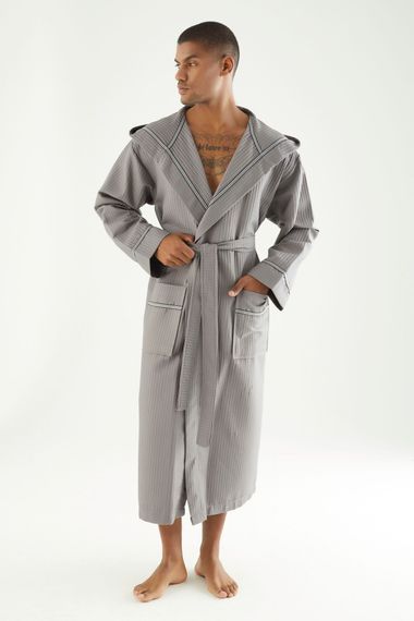 Вафельный мужской халат с капюшоном 24680 серый NUSA