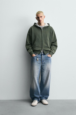 ZARA КОМБИНИРОВАННАЯ ХУДИ ВАФЕЛЬНОЙ СТРУКТУРЫ С КАПЮШОНОМ, ХАКИ