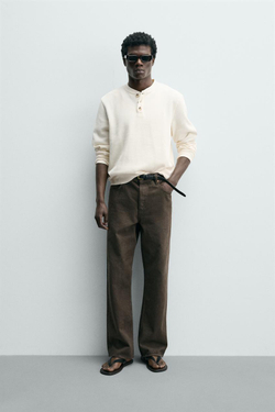 ZARA ФУТБОЛКА С РЕЛЬЕФНОЙ ТКАНЬЮ И ВОРОТНИКОМ НА ПУГОВИЦАХ, СВЕТЛО-БЕЖЕВЫЙ