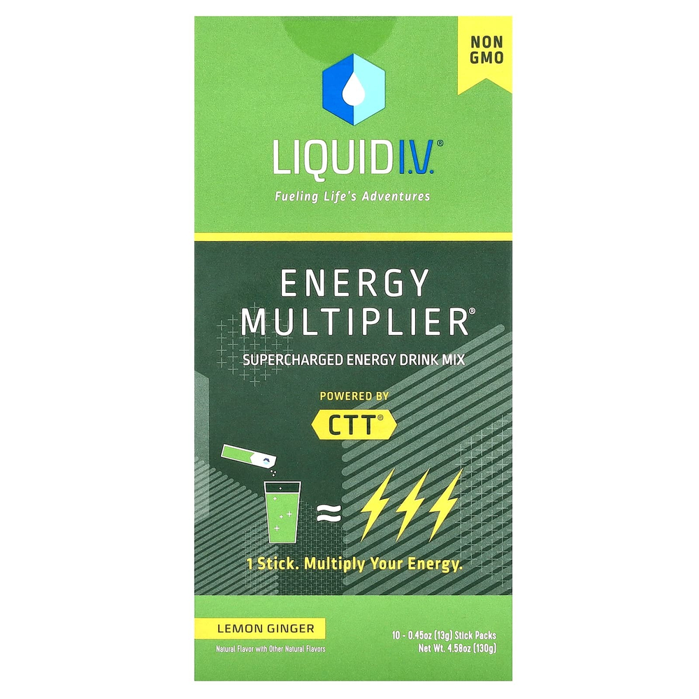 Liquid I.V., Energy Multiplier, смесь для приготовления суперэнергетического напитка, лимон и имбирь, 10 пакетиков по 13 г (0,45 унции)
