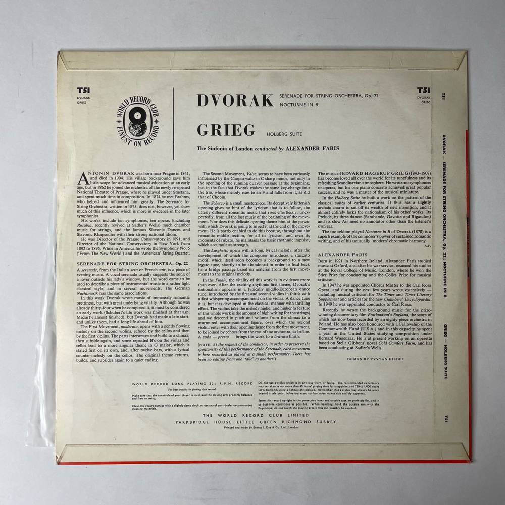 Винтажная виниловая пластинка LP Dvorak Дворжак, Grieg Григ,Serenade For String Orchestra, Nocturne / Holberg Suite (Англия 1965)