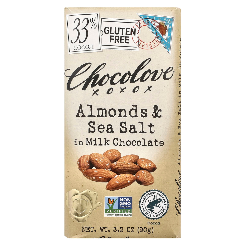Chocolove, миндаль и морская соль в молочном шоколаде, 33% какао, 90 г (3,2 унции)