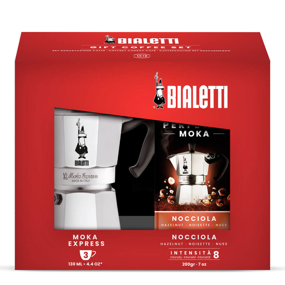 Набор Bialetti Moka Express и кофе молотый Nocciola 200 гр. 3 порции