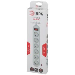 Сетевой фильтр ЭРА USF-6es-5m-W с базовой защитой с заземлением с выключателем 6 розеток 5м 10А белый